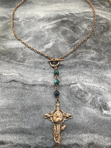 Joan of Arc Necklace - Solid  Bronze - Three Hail Mary - Chrysocolla