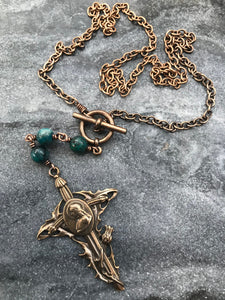 Joan of Arc Necklace - Solid  Bronze - Three Hail Mary - Chrysocolla