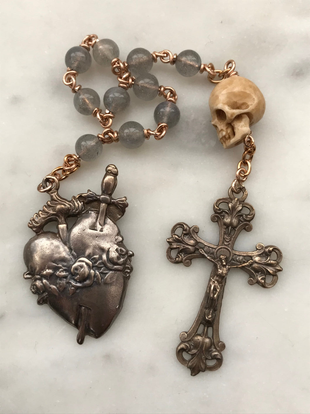 Memento Mori Pocket Rosary - Labradorite and Ox Bone Skull - Bronze - Tenner - Immaculate Heart - Single Decade Rosary CeCeAgnes