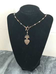 Sacred Heart Rosary Necklace - Labradorite  - Solid  Bronze