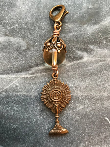 Bag Charm  Catholic Monstrance Zipper Pull - Bronze and Citrine - Blessed Sacrament - Holy Eucharist