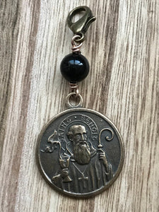 Bag Charm  Catholic Saint Benedict Zipper Pull - Bronze and Onyx