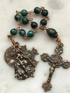 Saint Joan of Arc, Saint Michael and Sacred Heart Pocket Rosary - Chrysocolla and Bronze