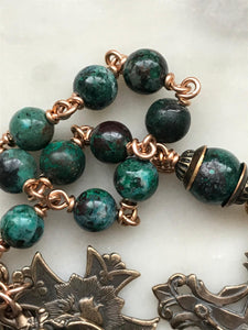 Saint Joan of Arc, Saint Michael and Sacred Heart Pocket Rosary - Chrysocolla and Bronze