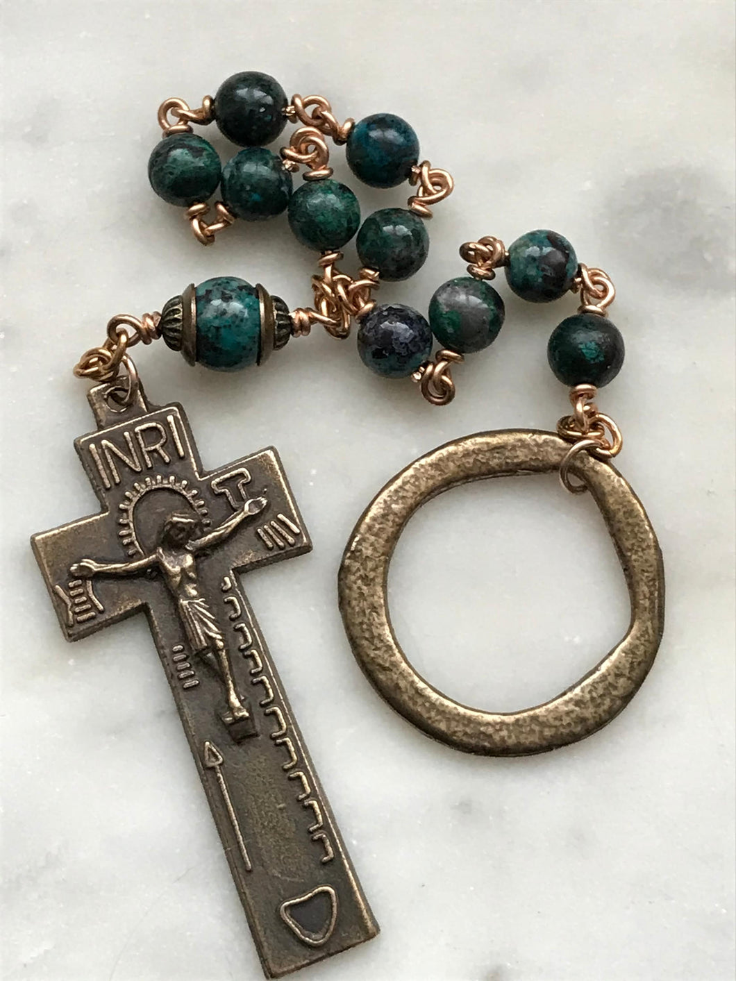 Irish Penal Rosary -Chrysocolla Gemstones - Beautiful Crucifix - Single Decade Rosary