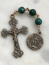 Load image into Gallery viewer, Three Hail Mary Chaplet - Chrysocolla Gemstones and Bronze Medals - Saint Michael
