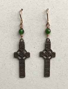 Celtic Cross Bronze and Chrome Diopside Irish Earrings