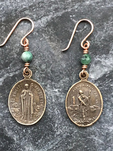 Saint Patrick and Saint Bridget Irish Earrings - Celtic - Bronze and Emerald