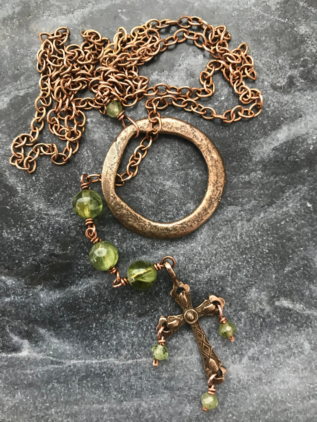 Three Hail Mary Adjustable Solid Bronze Necklace - Peridot