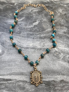 Miraculous Medal Necklace -Rosary - Apatite and Bronze