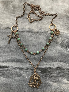 Emerald Rosary Necklace - Saint Michael- Miraculous Medal -Saint Benedict - Solid  Bronze