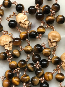 Memento Mori Rosary - Holy Face of Jesus - Tiger eye and Ox Bone Skulls - Bronze - Wire-wrapped CeCeAgnes