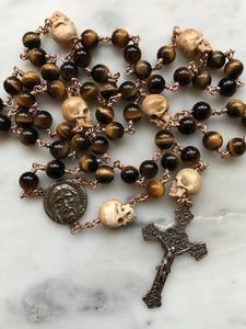 Memento Mori Rosary - Holy Face of Jesus - Tiger eye and Ox Bone Skulls - Bronze - Wire-wrapped CeCeAgnes