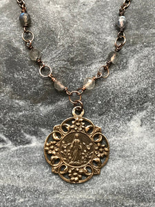 Miraculous Medal Necklace - Virgin Mary  - Solid  Bronze