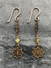 Load image into Gallery viewer, Miraculous Medal Earrings - Peridot and Bronze
