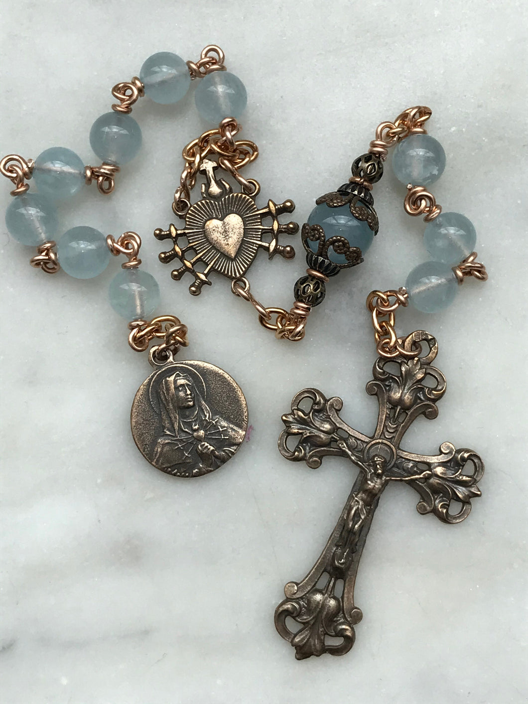 Pocket Servite Rosary - Aquamarine - Bronze - Seven Sorrows Chaplet - Our Lady of Sorrows