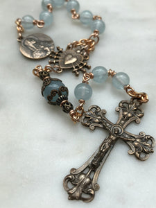 Pocket Servite Rosary - Aquamarine - Bronze - Seven Sorrows Chaplet - Our Lady of Sorrows