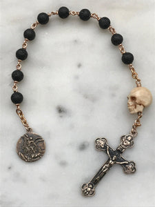 Memento Mori Pocket Rosary - Lava Bead and Ox Bone Skull - Bronze - Tenner - Saint Michael - Single Decade Rosary