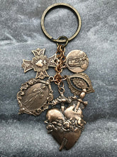 Load image into Gallery viewer, Bronze Catholic Keychain- Sacred and Immaculate Hearts - Seven Sorrows and Divine Mercy
