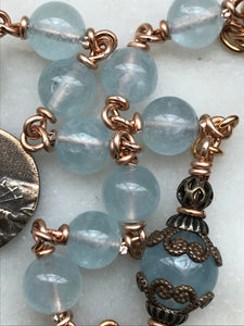 Pocket Servite Rosary - Aquamarine - Bronze - Seven Sorrows Chaplet - Our Lady of Sorrows