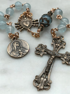 Pocket Servite Rosary - Aquamarine - Bronze - Seven Sorrows Chaplet - Our Lady of Sorrows