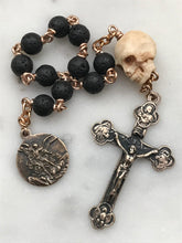 Load image into Gallery viewer, Memento Mori Pocket Rosary - Lava Bead and Ox Bone Skull - Bronze - Tenner - Saint Michael - Single Decade Rosary
