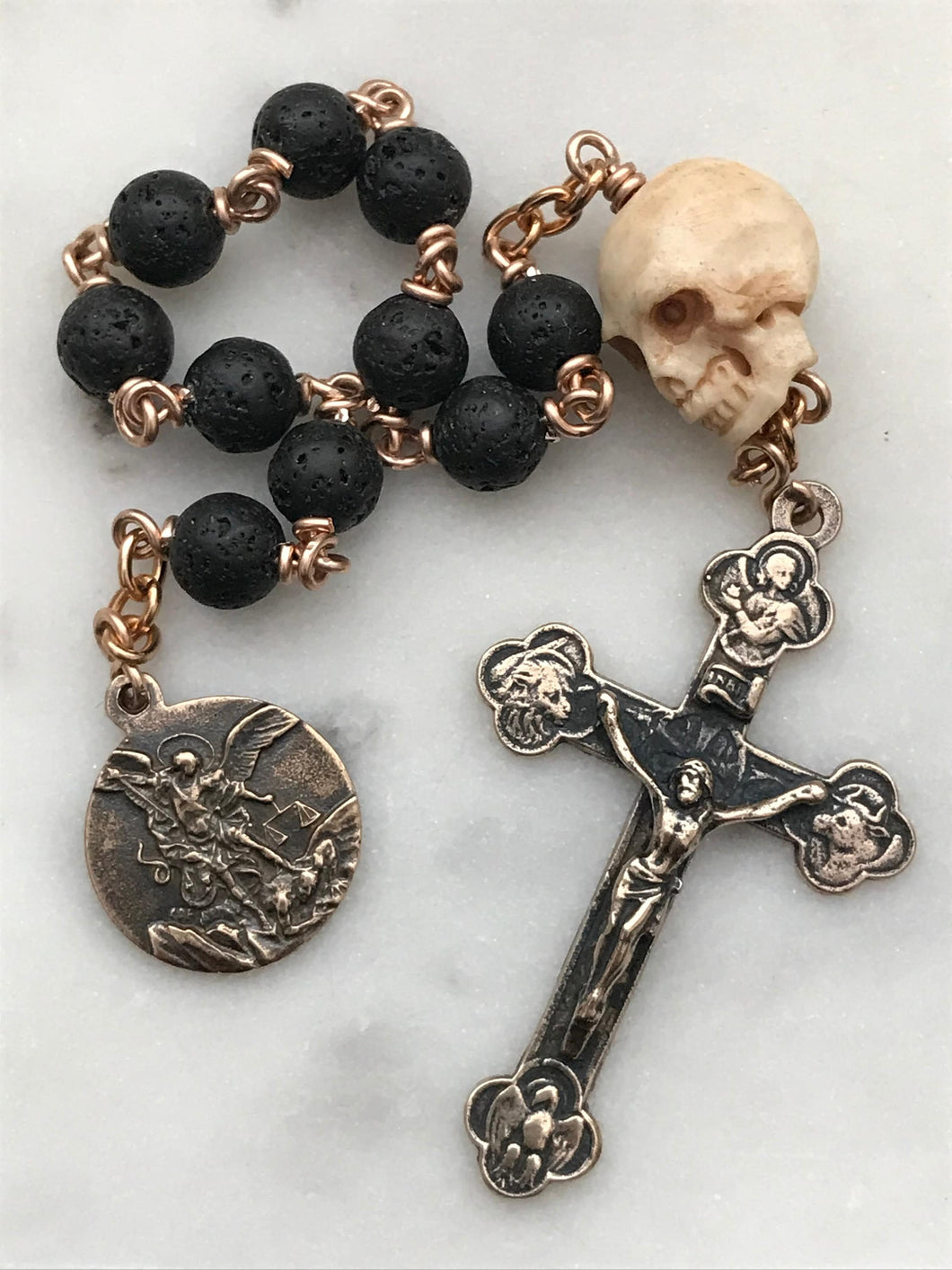 Memento Mori Pocket Rosary - Lava Bead and Ox Bone Skull - Bronze - Tenner - Saint Michael - Single Decade Rosary