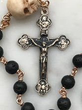 Load image into Gallery viewer, Memento Mori Pocket Rosary - Lava Bead and Ox Bone Skull - Bronze - Tenner - Saint Michael - Single Decade Rosary
