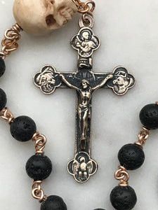 Memento Mori Pocket Rosary - Lava Bead and Ox Bone Skull - Bronze - Tenner - Saint Michael - Single Decade Rosary