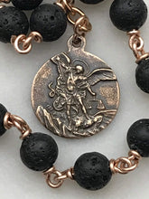 Load image into Gallery viewer, Memento Mori Pocket Rosary - Lava Bead and Ox Bone Skull - Bronze - Tenner - Saint Michael - Single Decade Rosary
