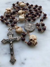 Load image into Gallery viewer, Memento Mori Rosary Garnet, Ox Bone Skulls Bronze Pardon Crucifix

