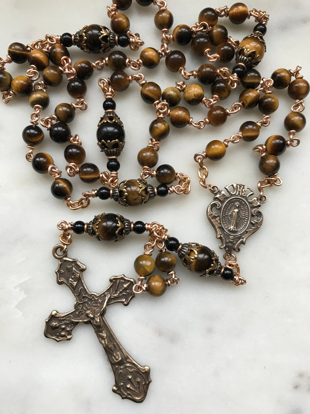 Heirloom Rosary - Yellow Tiger Eye Gemstones and Bronze CeCeAgnes