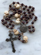Load image into Gallery viewer, Memento Mori Rosary Garnet, Ox Bone Skulls Bronze Pardon Crucifix
