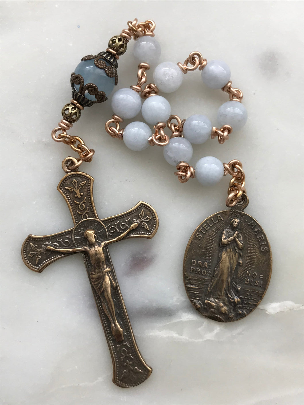 Stella Maris Pocket Rosary - Aquamarine Gemstones - Bronze Crucifix and Medal - Single Decade Rosary CeCeAgnes