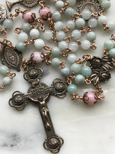 Load image into Gallery viewer, Burma Jade and Pink Rhodonite Rosary - Roses - Bronze - Gemstone - Antique Reproduction Medals - wire-wrapped CeCeAgnes
