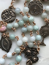 Load image into Gallery viewer, Burma Jade and Pink Rhodonite Rosary - Roses - Bronze - Gemstone - Antique Reproduction Medals - wire-wrapped CeCeAgnes
