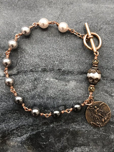 Holy Souls Bronze Rosary Bracelet - Crystal Pearls - Saint Michael