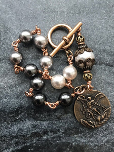 Holy Souls Bronze Rosary Bracelet - Crystal Pearls - Saint Michael