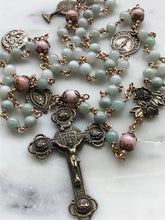 Load image into Gallery viewer, Burma Jade and Pink Rhodonite Rosary - Roses - Bronze - Gemstone - Antique Reproduction Medals - wire-wrapped CeCeAgnes
