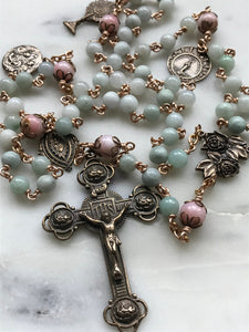 Burma Jade and Pink Rhodonite Rosary - Roses - Bronze - Gemstone - Antique Reproduction Medals - wire-wrapped CeCeAgnes