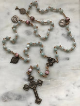 Load image into Gallery viewer, Burma Jade and Pink Rhodonite Rosary - Roses - Bronze - Gemstone - Antique Reproduction Medals - wire-wrapped CeCeAgnes
