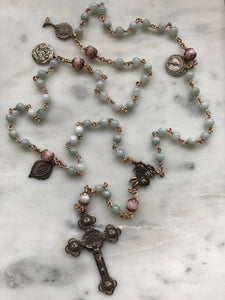 Burma Jade and Pink Rhodonite Rosary - Roses - Bronze - Gemstone - Antique Reproduction Medals - wire-wrapped CeCeAgnes