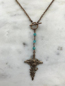 Joan of Arc Necklace - Solid  Bronze - Three Hail Mary - Amazonite