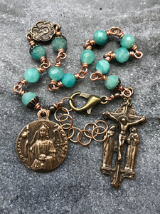 Amazonite Saint Raphael Chaplet Bracelet - Solid Bronze