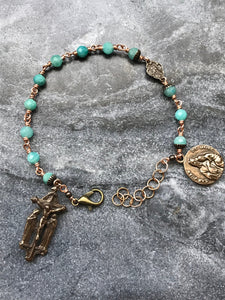 Amazonite Saint Raphael Chaplet Bracelet - Solid Bronze