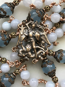 Saint Michael Chaplet - Wire wrapped - Aquamarine Gemstones - Bronze - St. Michael and Angels Crucifix CeCeAgnes