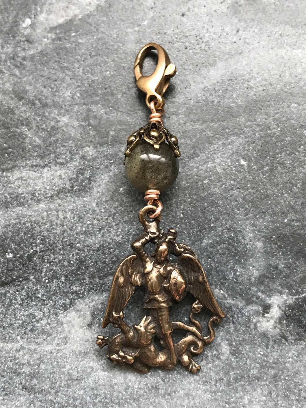 Bag Charm  Saint Michael Zipper Pull - Bronze and Labradorite