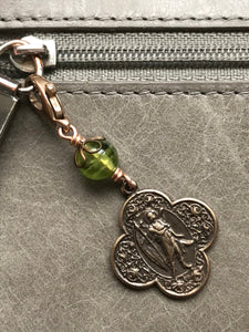 Bag Charm  Saint Raphael Zipper Pull - Bronze and Peridot