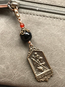 Bag Charm Saint Christopher Zipper Pull - Bronze and Onyx