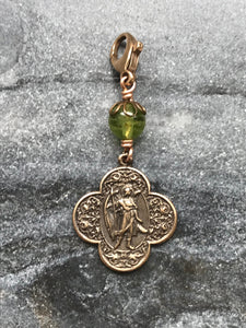 Bag Charm  Saint Raphael Zipper Pull - Bronze and Peridot